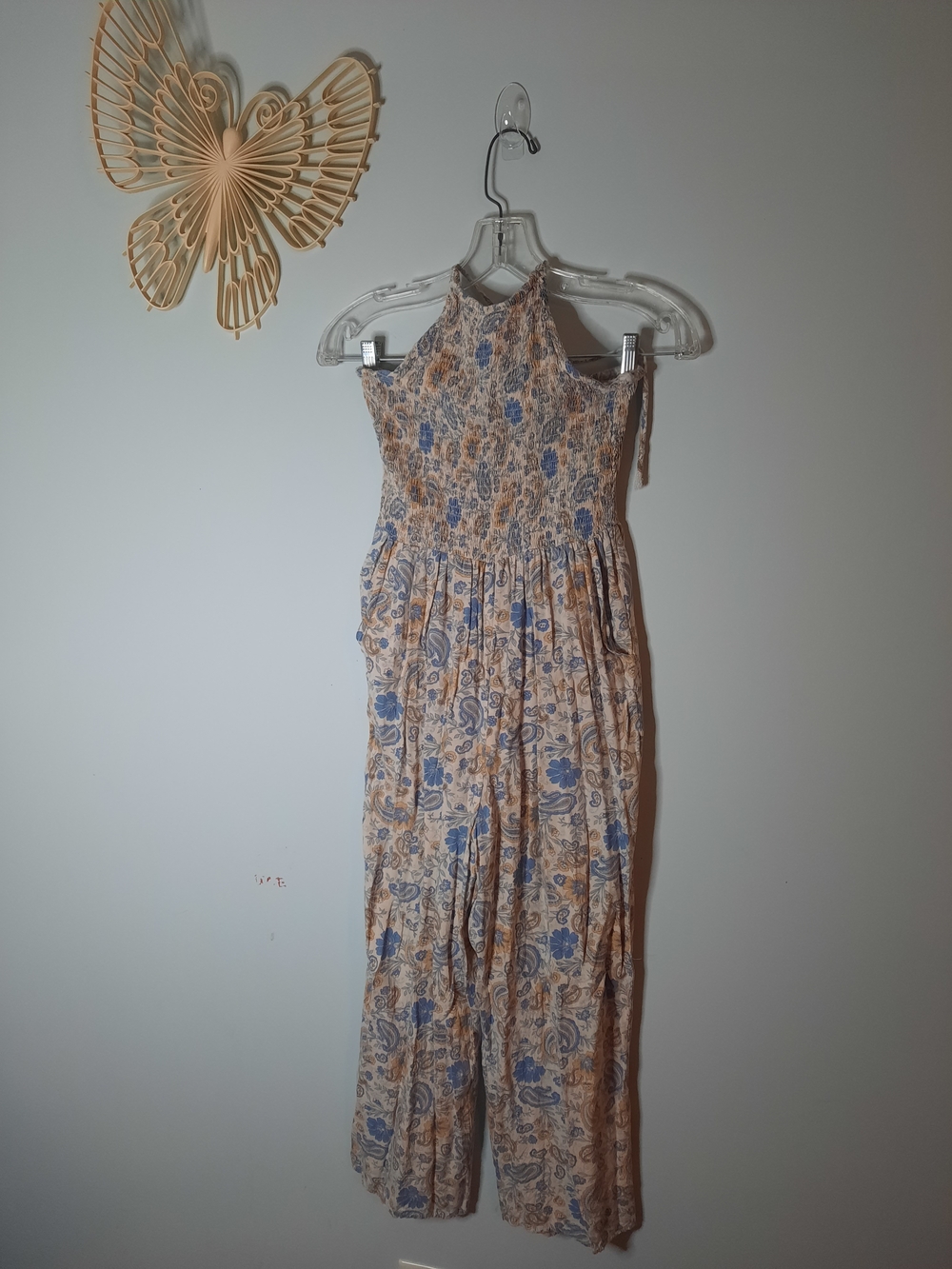 Patrons of Peace Womens Small Blue Tan Paisley Floral Smocked Halter Jumpsuit